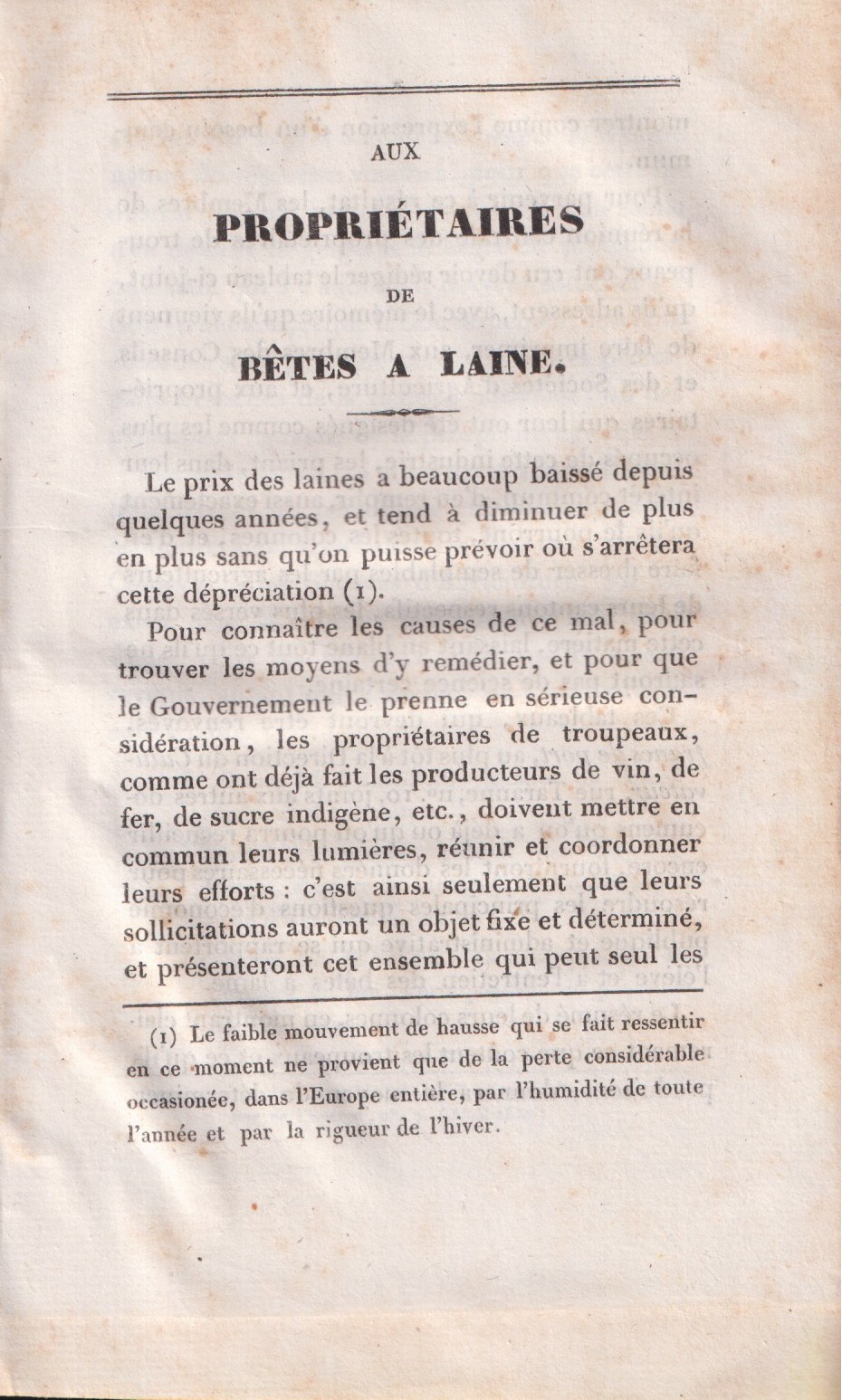 Aux propriétaires de bêtes a laine [together with:] A son excellence le Ministre secrétaire d'État au Département de l'Intérieur [= headline].
