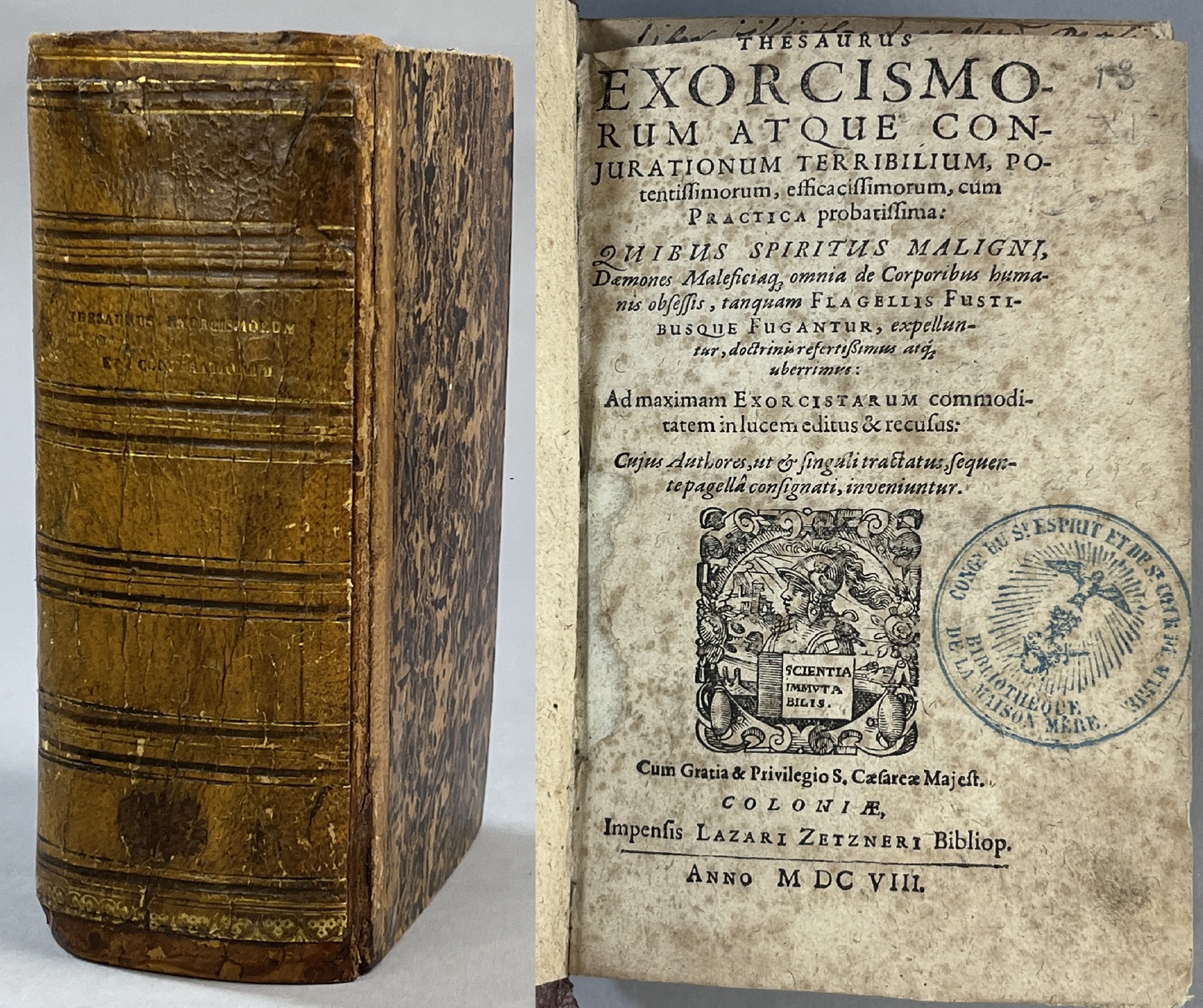 Thesaurus exorcismorum atque conjurationum terribilium, potentissimorum, efficacissimorum, cum practica probatissima: quibus spiritus maligni, dæmones Maleficiaq; omnia de corporibus humanis obsessis, tanquam flagellis fustibusque fugantur, expelluntur, doctrinis refertißimus atq; uberrimus: Ad maximam exorcistarum commoditatem in lucem editus & recusus: cujus authores, ut & singuli tractatus, sequente pagellâ consignati, inveniuntur.