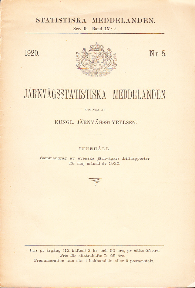 Järnvägsstatistiska meddelanden utgivna av Kungl. järnvägsstyrelsen. (Statistiska meddelanden. Ser. D. Band IX:5).