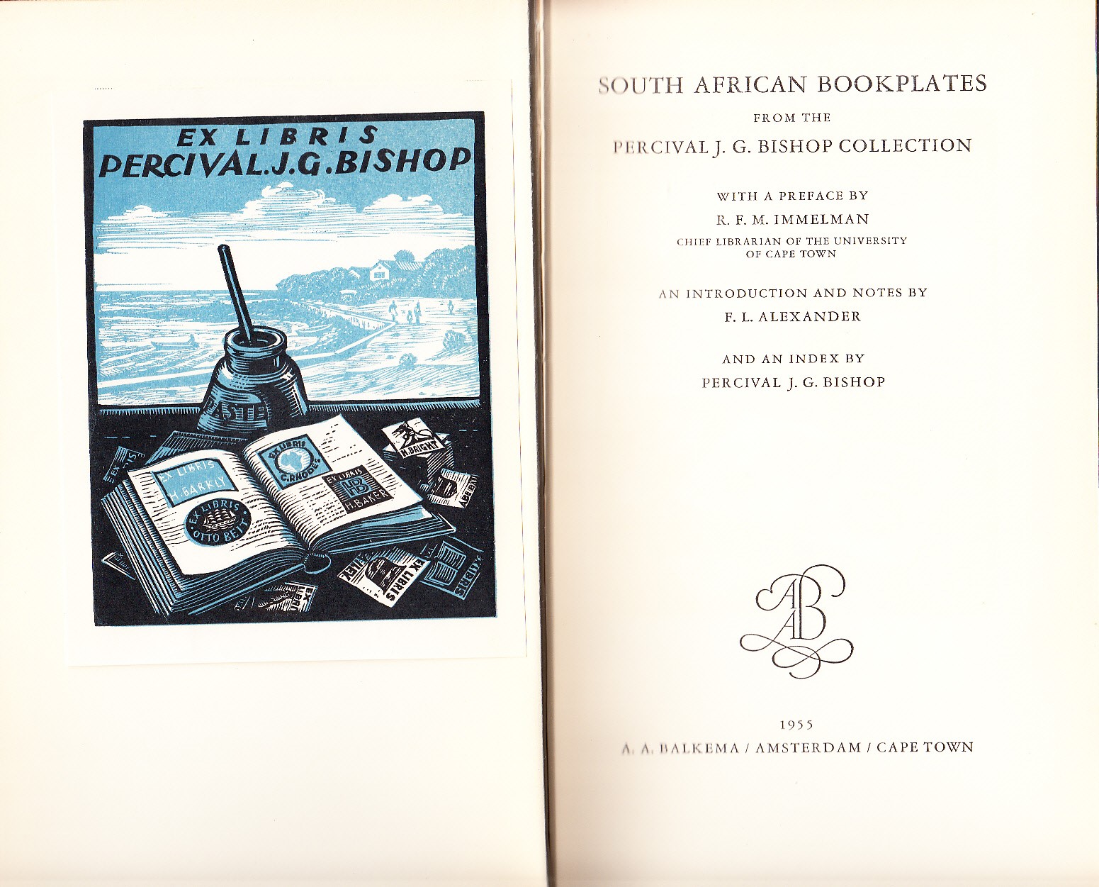 South African Bookplates. From the Percival J.G. Bishop Collection. With a preface by R. F. M. Immelman. An introduction and notes by F. L. Alexander, and an index by Percival J. Bishop