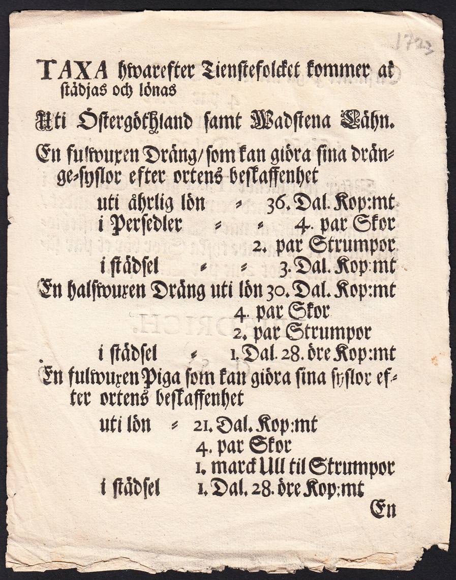 Taxa hwarefter Tienstefolcket kommer at städjas och lönas Uti Östergöthland samt Wadstena Lähn [= rubrik].