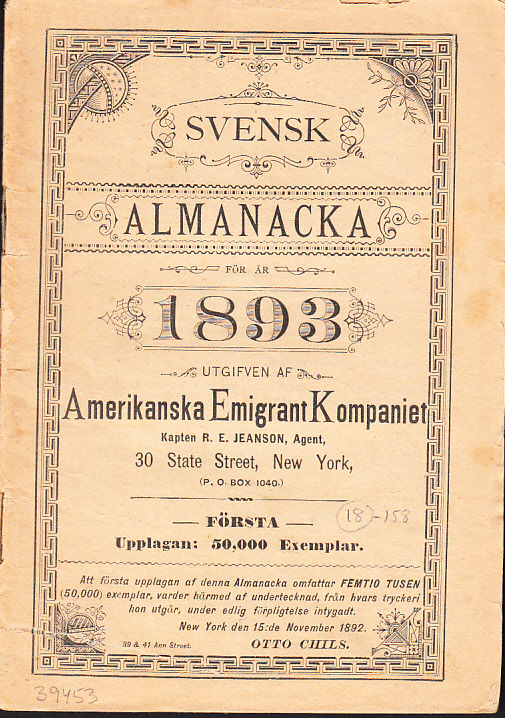 Svensk Almanacka för år 1893. Utgiven af Amerikanska Emigrant Kompaniet.