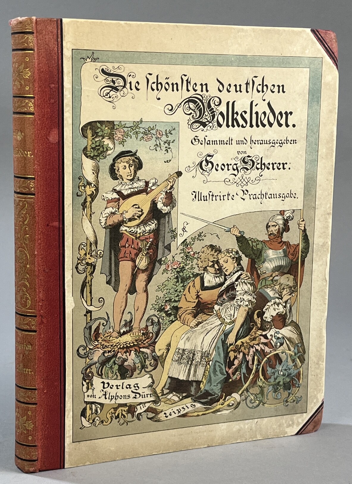 Die Schönen Deutschen Volkslieder. Gesammelt und herausgegeben von Georg Scherer. Neue Ausgabe. Mit holzschnitten nach Original-Zeichnungen von J. Grünenwald, A. Müller, Carl v. Piloty, A. v. Ramberg, Ludwig Richter, Moritz v. Schwind, Al. Strähuber und Paul Thumann.