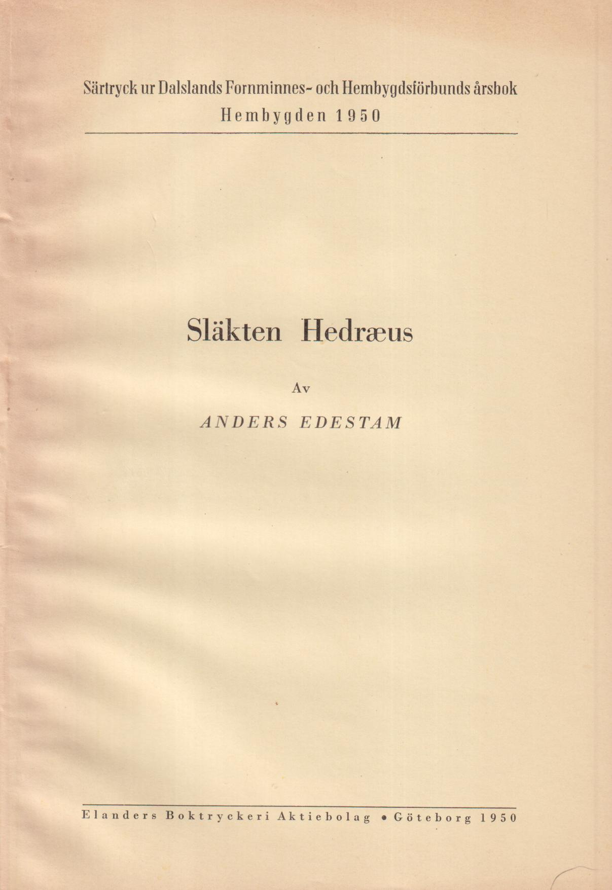 Släkten Hedræus [från Öxanäs i Högsäters sn] [= rubrik].