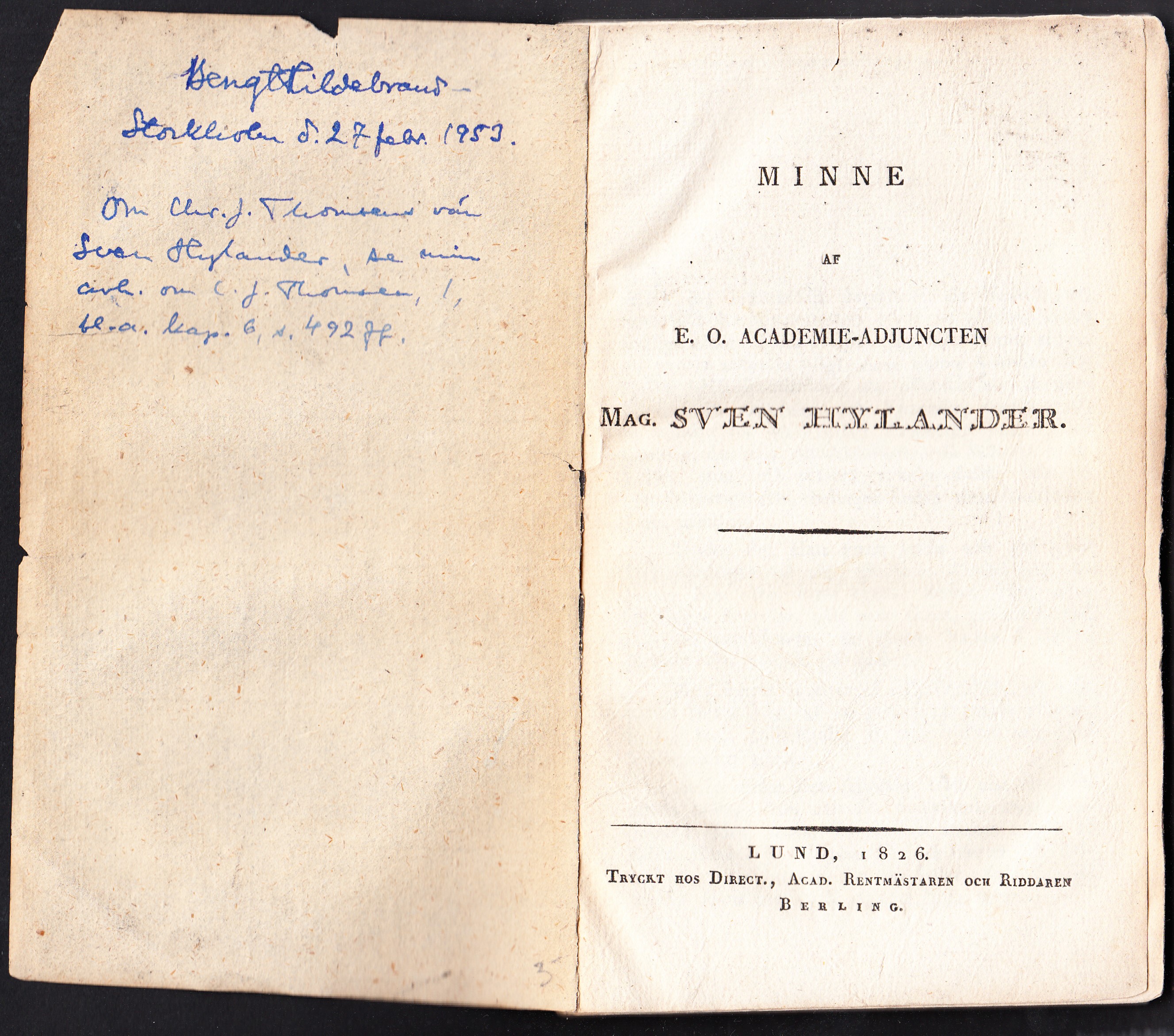 Minne af e.o. academie-adjuncten mag. Sven Hylander.