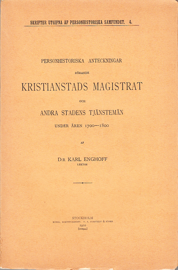 Personhistoriska anteckningar rörande Kristianstads magistrat och andra statens tjänstemän under åren 1700-1800.