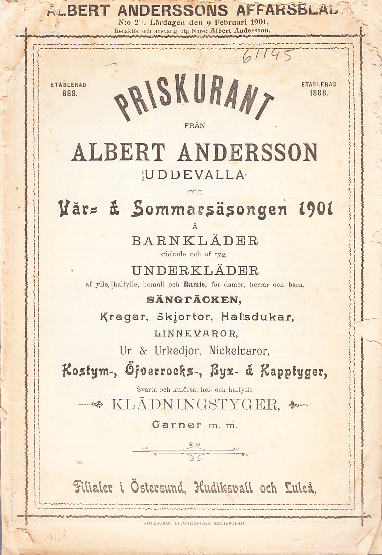 Priskurant från Albert Andersson Uddevalla för vår- och sommarsäsongen 1901.