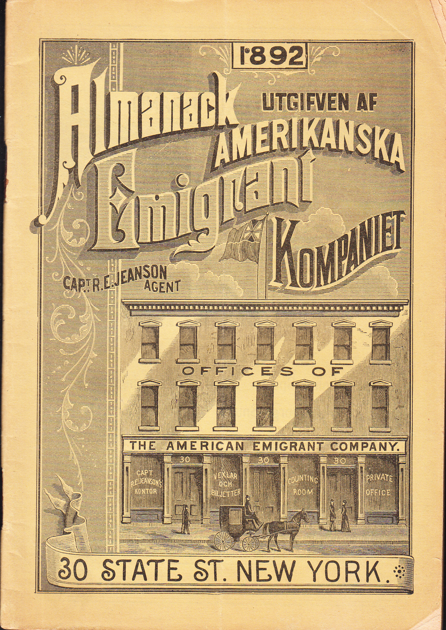 Svensk almanacka för skottåret 1892. Utgifven af Amerikanska Emigrant Kompaniet, 30 State Street, New York.