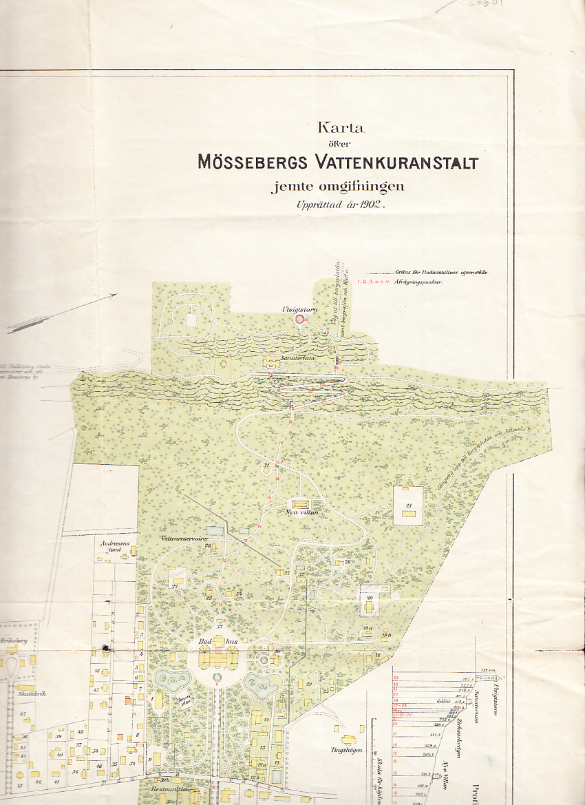 Karta öfver Mössebergs Vattenkuranstalt jemte omgifningen Upprättad år 1902. [= rubrik]. [Pris: 25 öre].
