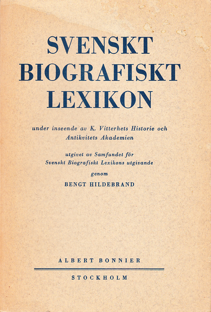 Svenskt Biografiskt Lexikon. Häfte 71 [=Band 15] Fahlberg - Falk. Under redaktion av Bengt Hildebrand.