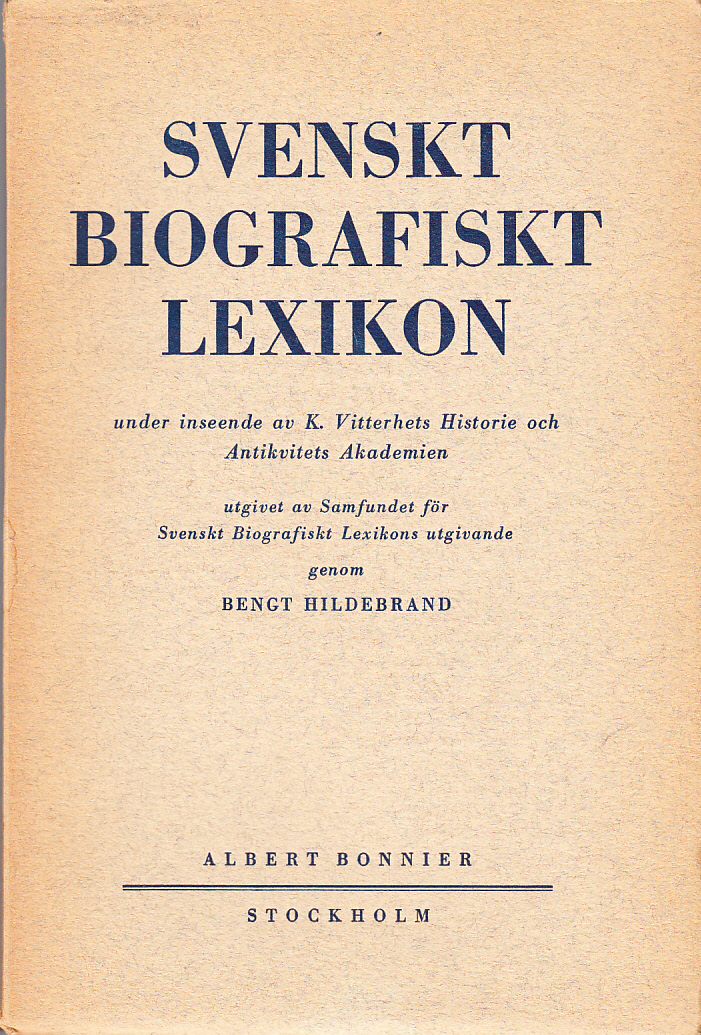 Svenskt Biografiskt Lexikon. Häfte 62 [=Band 13] Ekmarck - Elgström. Under redaktion av Bengt Hildebrand.