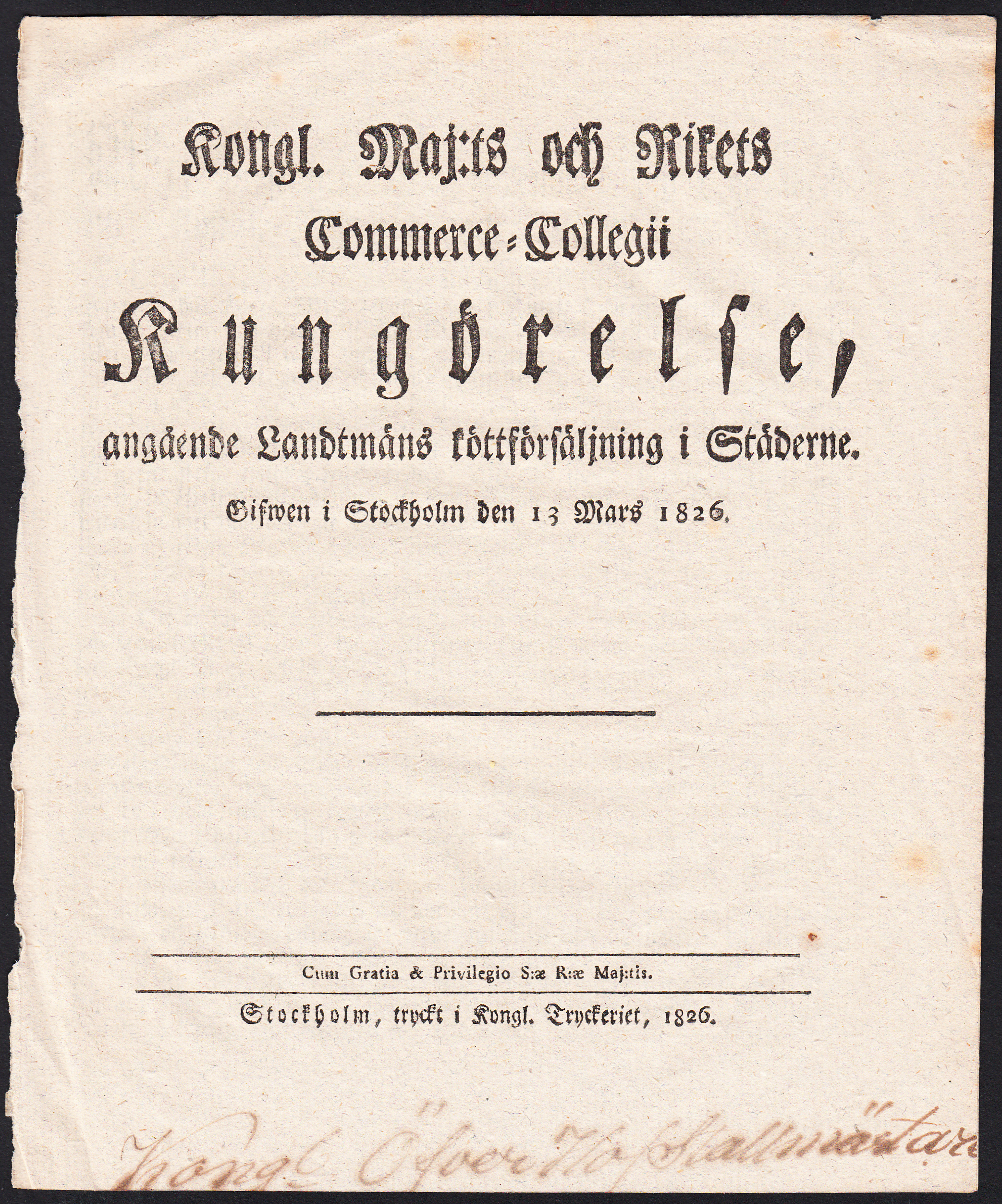 Kongl. maj:ts och Rikets Commerce-collegii Kungörelse, angående Landtmäns köttförsäljning i Städerne. Gifwen i Stockholm den 13 mars 1826.