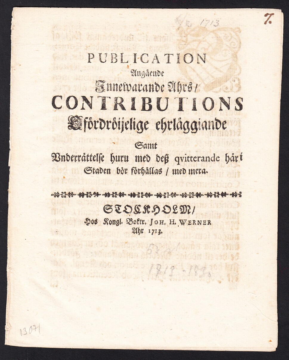 Publication Angående Innewarande Åhrs, Contributions Ofördröijelige ehrläggiande Samt Vnderrättelse huru med desz qvitterande här i Staden bör förhållas, med mera.