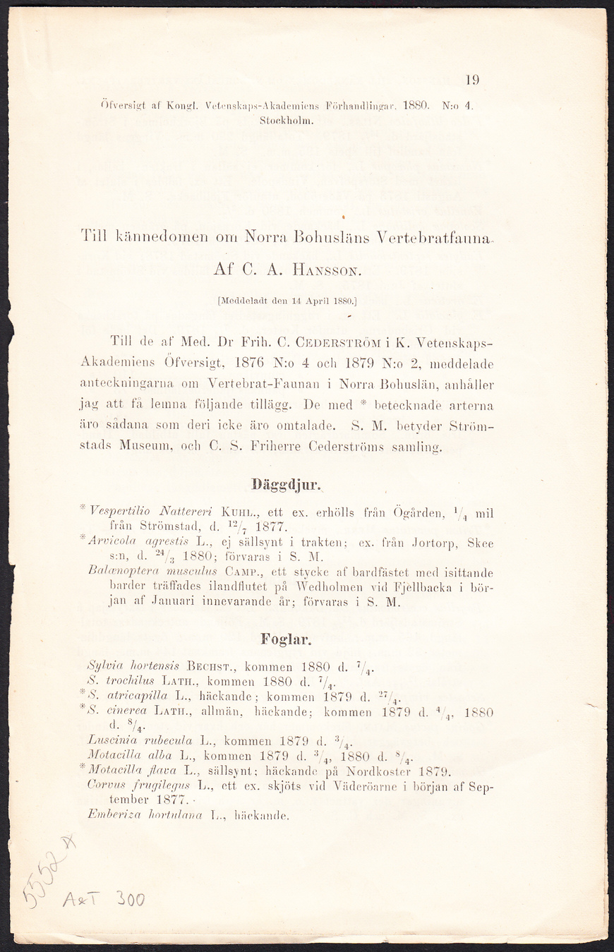 Till kännedom om Norra Bohusläns Vertebratfauna. (Meddeladt den 14 april 1880). [= rubrik].