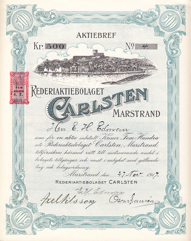 Aktiebref. No 4. Kr 500 [i] Rederiaktiebolaget Carlsten, Marstrand. Marstrand den 27 nov. 1917. Undertecknad av E.H. Edman, Axel Nilsson, Oscar Laurén.