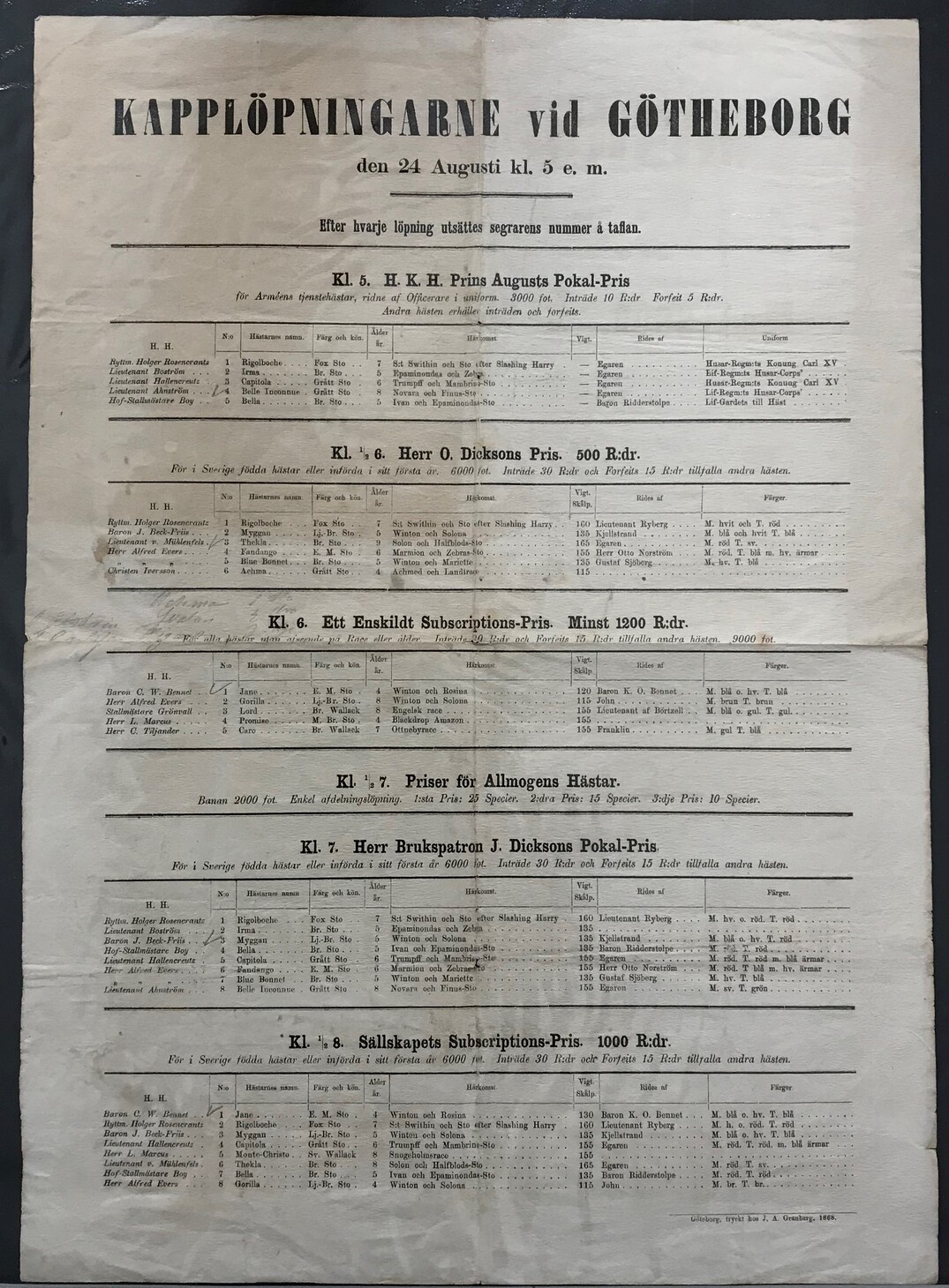 Kapplöpningarne vid Götheborg den 24 augusti kl. 5 e.m. [= rubrik].