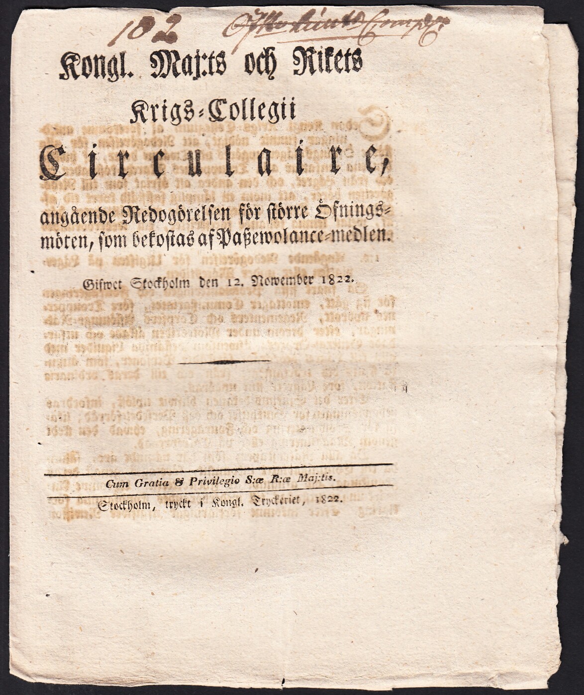 Kongl. Maj:ts och Rikets Krigs-collegii Circulaire, angående Redogörelsen för större Öfningsmöten, som bekostas af Paszewolance-medlen. Gifwet Stockholm den 12. nowember 1822.