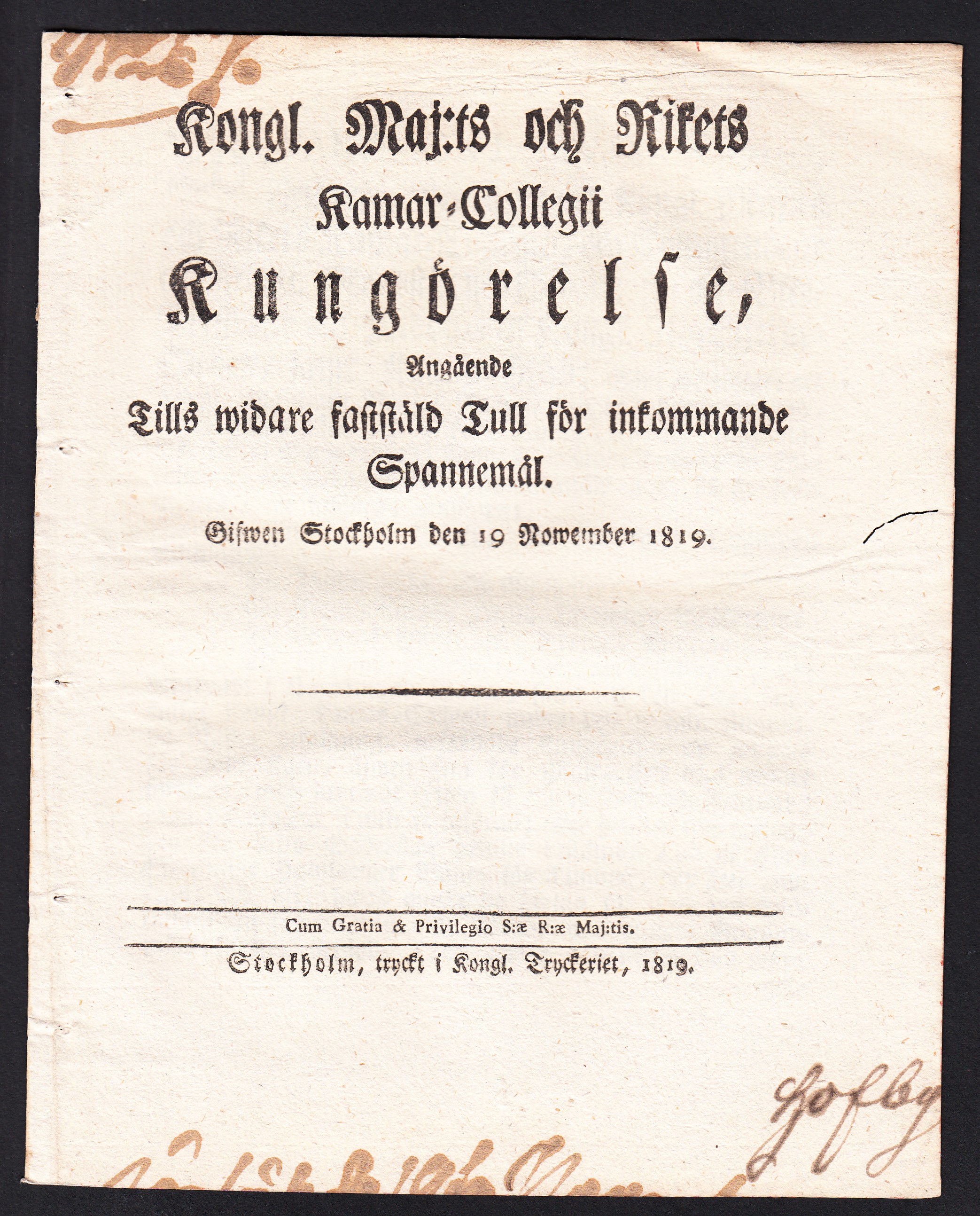 Kongl. Maj:ts och Rikets Kamar-Collegii Kungörelse, Angående Tills widare faststäld Tull för inkommande Spannemål. Gifwen Stockholm den 19 Nowember 1819.