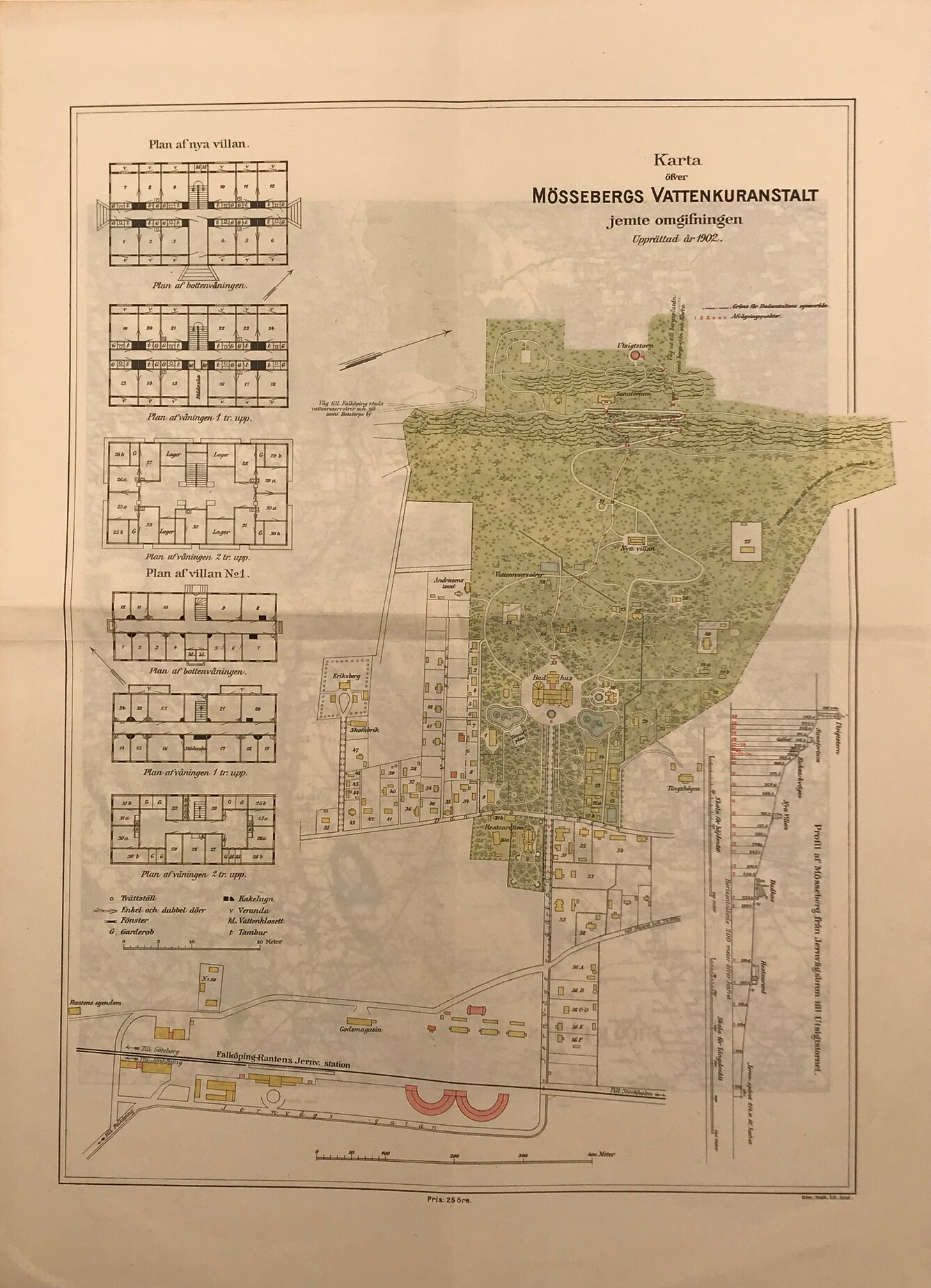 Karta öfver Mössebergs Vattenkuranstalt jemte omgifningen Upprättad år 1902. [= rubrik].
