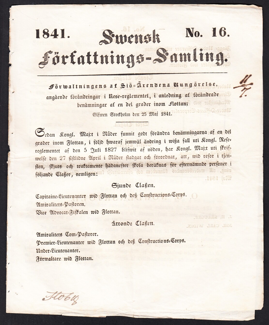 Förwaltningens af siö-ärendena kungörelse, angående förändringar i rese-reglementet, i anledning af förändrade benämningar af en del grader inom flottan; Gifwen Stockholm den 25 maj 1841.
