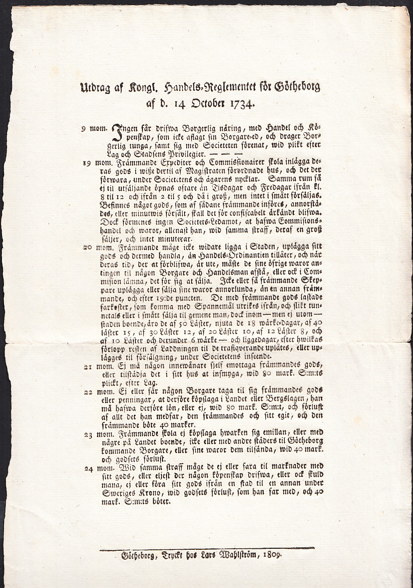 Utdrag af kongl. handels-reglementet för Götheborg af d. 14 october 1734 [= rubrik].