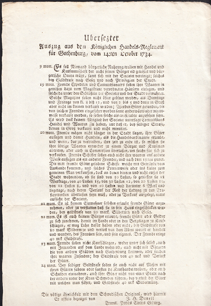 Ubersezter Auszug aus dem königlichen Handels-Reglement für Gothenburg, vom 14:ten October 1734 [= rubrik].