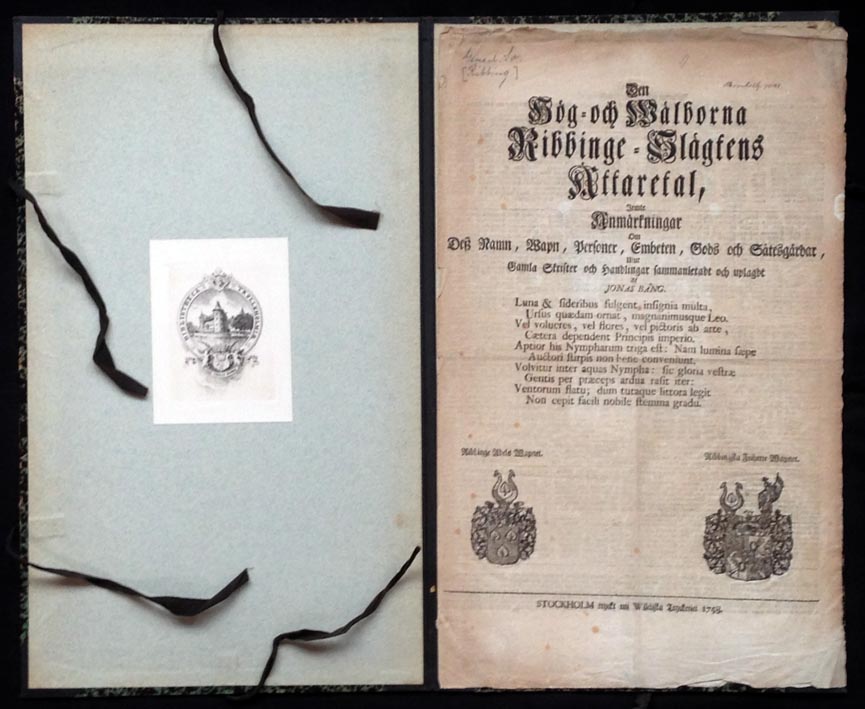 Den hög- och wälborna Ribbinge-slägtens ättaretal, jemte anmärkningar om desz namn, wapn, personer, embeten, gods och sätesgårdar, utur gamla skrifter och handlingar sammanletadt och uplagdt af Jonas Bång.