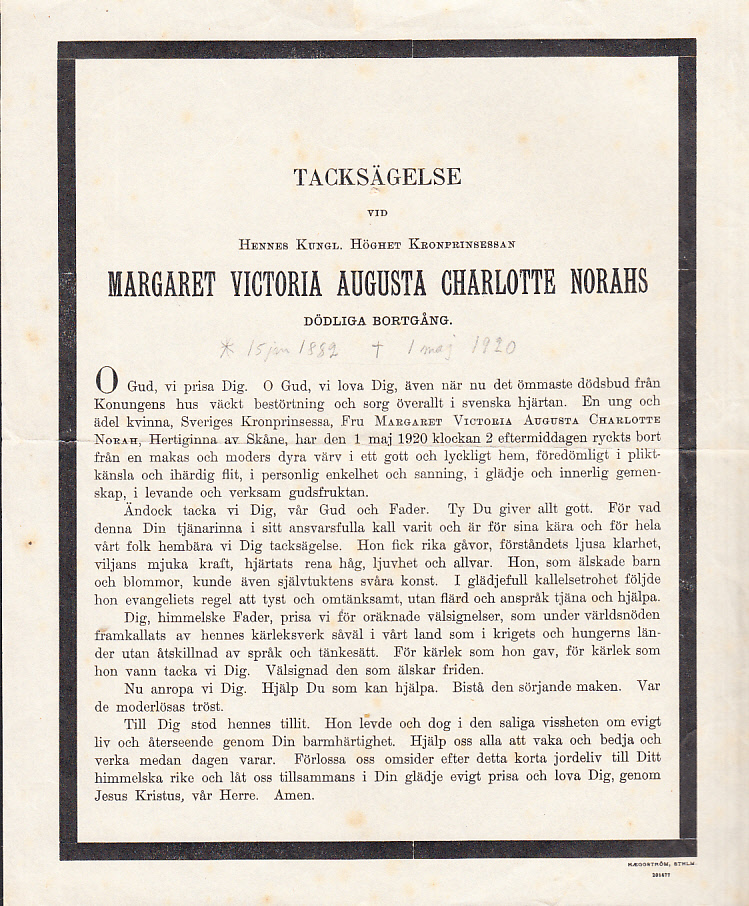 Tacksägelse vid hennes kungl. höghet kronprinsessan Margaret Victoria Augusta Charlotte Norahs dödliga bortgång [= rubrik].