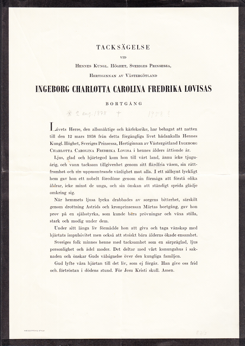 Tacksägelse vid hennes kungl. höghet, Sveriges prinsessa, hertiginnan av Västergötland Ingeborg Charlotta Carolina Fredrike Lovisas bortgång [= rubrik].
