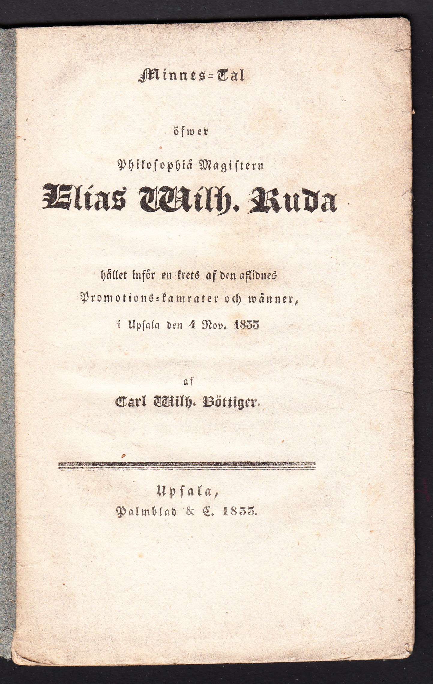 Minnes-tal öfwer philosophiä magistern Elias Wilh. Ruda hållet inför en krets af den aflidnes promotions-kamrater och wänner, i Upsala den 4 nov. 1833 af Carl Wilh. Böttiger.
