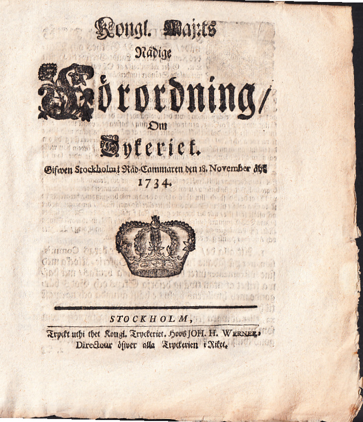 Kongl. maj:ts nådige Förordning, Om Dykeriet. Gifwen Stockholm i Råd-cammaren den 18. november åhr 1734.
