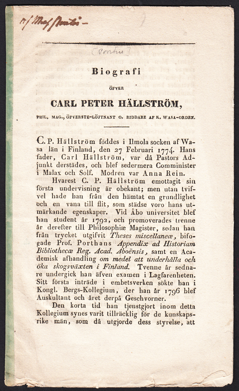 Biografi öfver Carl Peter Hällström, pil. mag., öfverste-löjtnant o. riddare af k. wasa-orden [= rubrik].