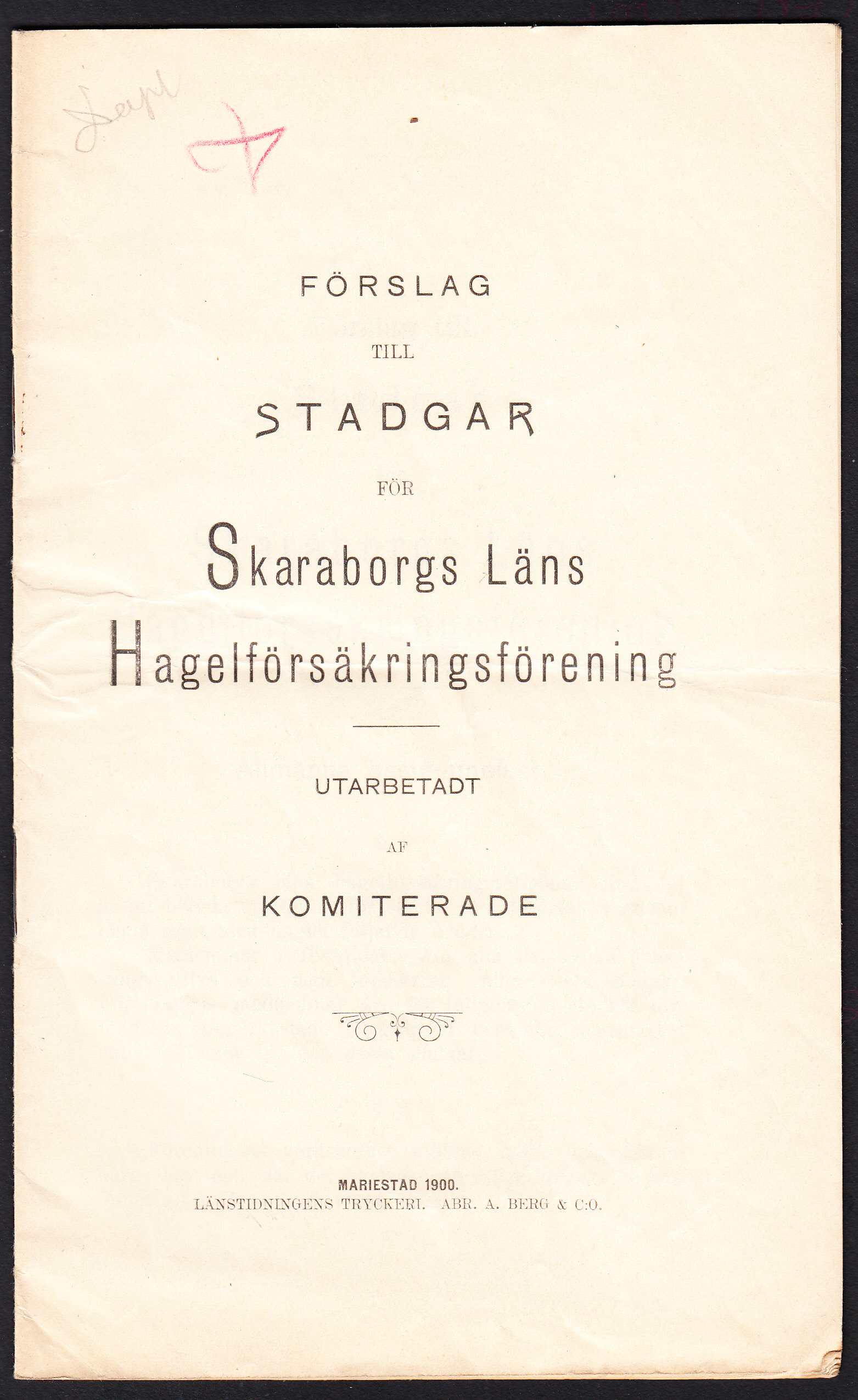 Stadgar för Skaraborgs läns hagelförsäkringsförening. Utarbetadt af komiterade.