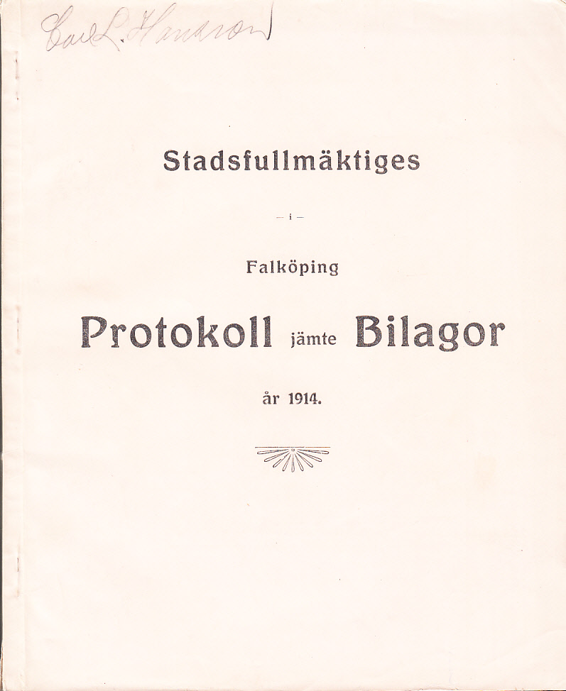 Stadsfullmäktiges i Falköping protokoll jämte bilagor år 1914.