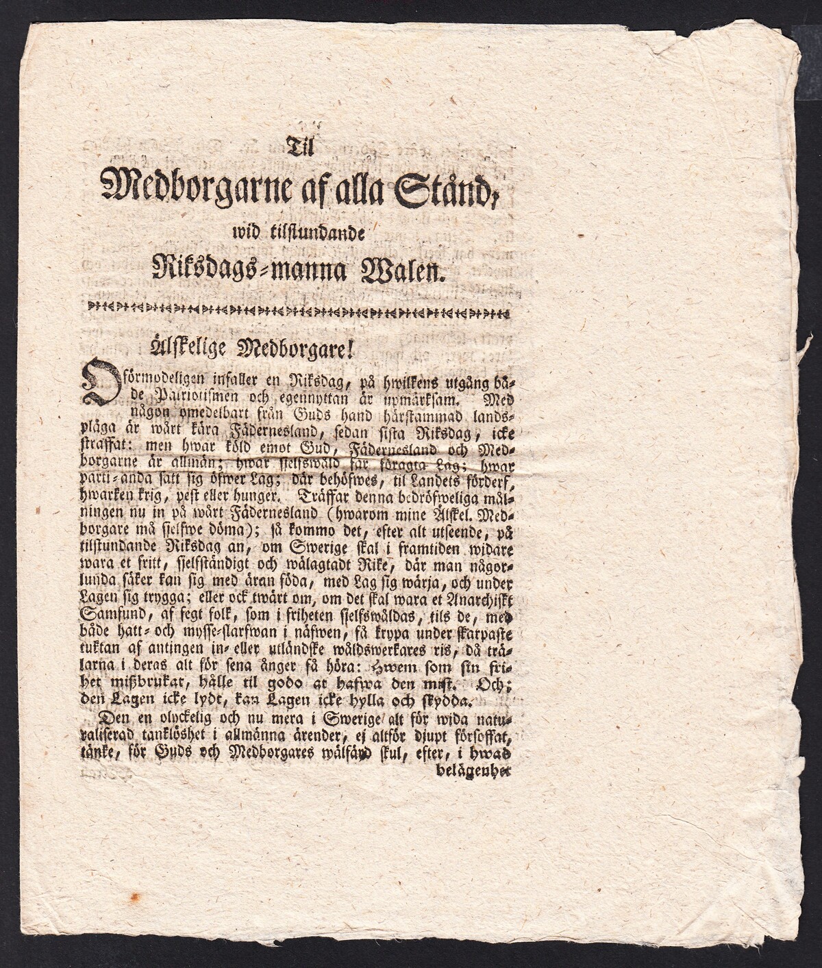 Til medborgarne af alla stånd, wid tilstundande riksdags-manna walen [= rubrik].