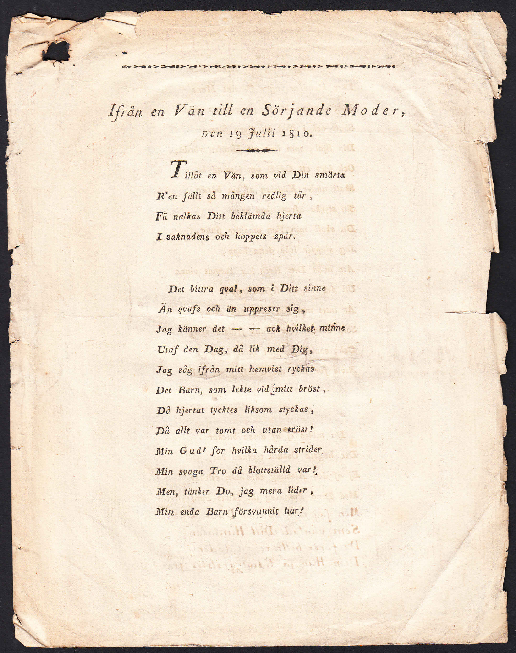 Ifrån en Vän till en Sörjande Moder, den 19 julii 1810 [= rubrik].