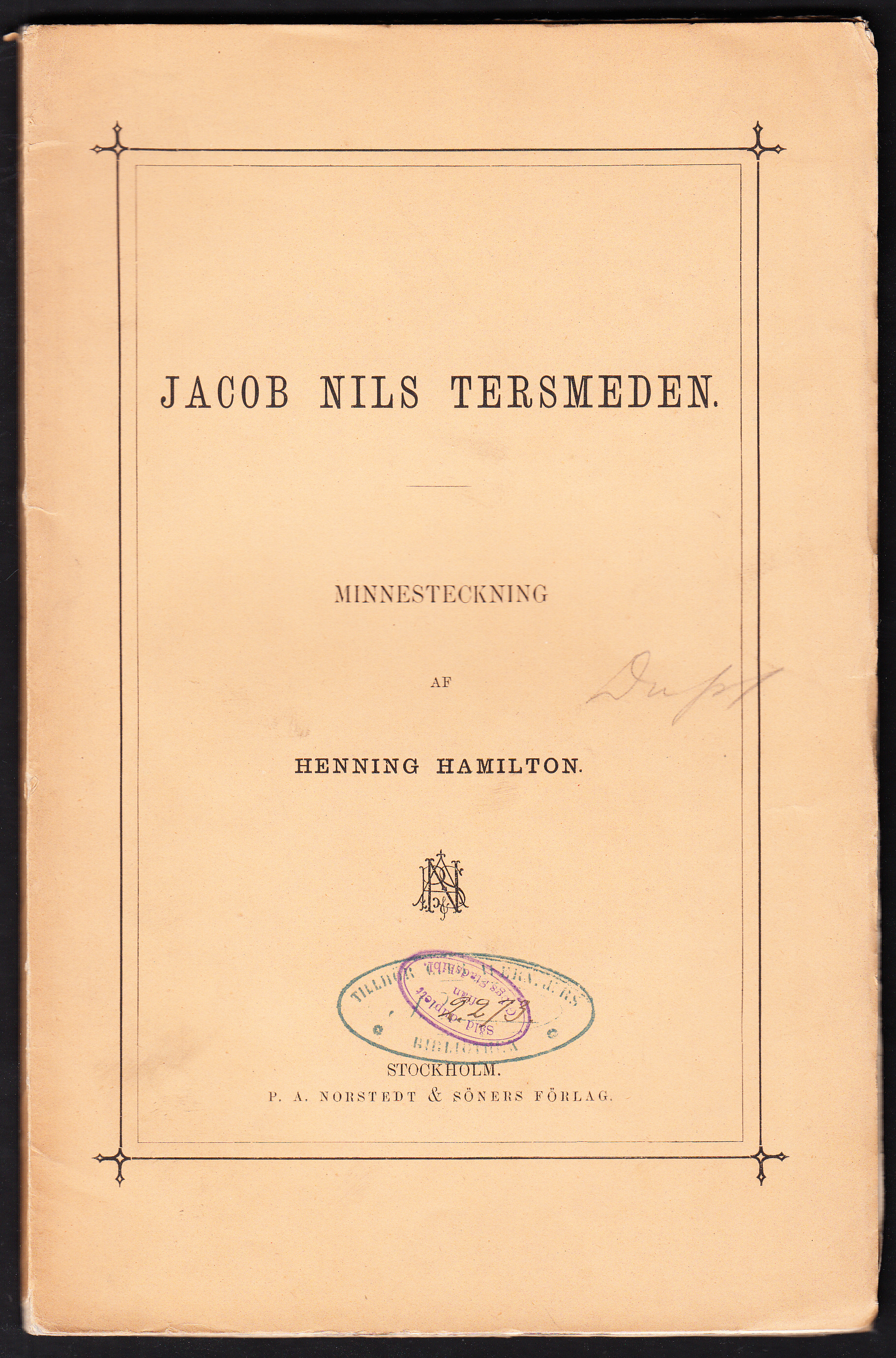 Jacob Nils Tersmeden. Minnesteckning af Henning Hamilton.