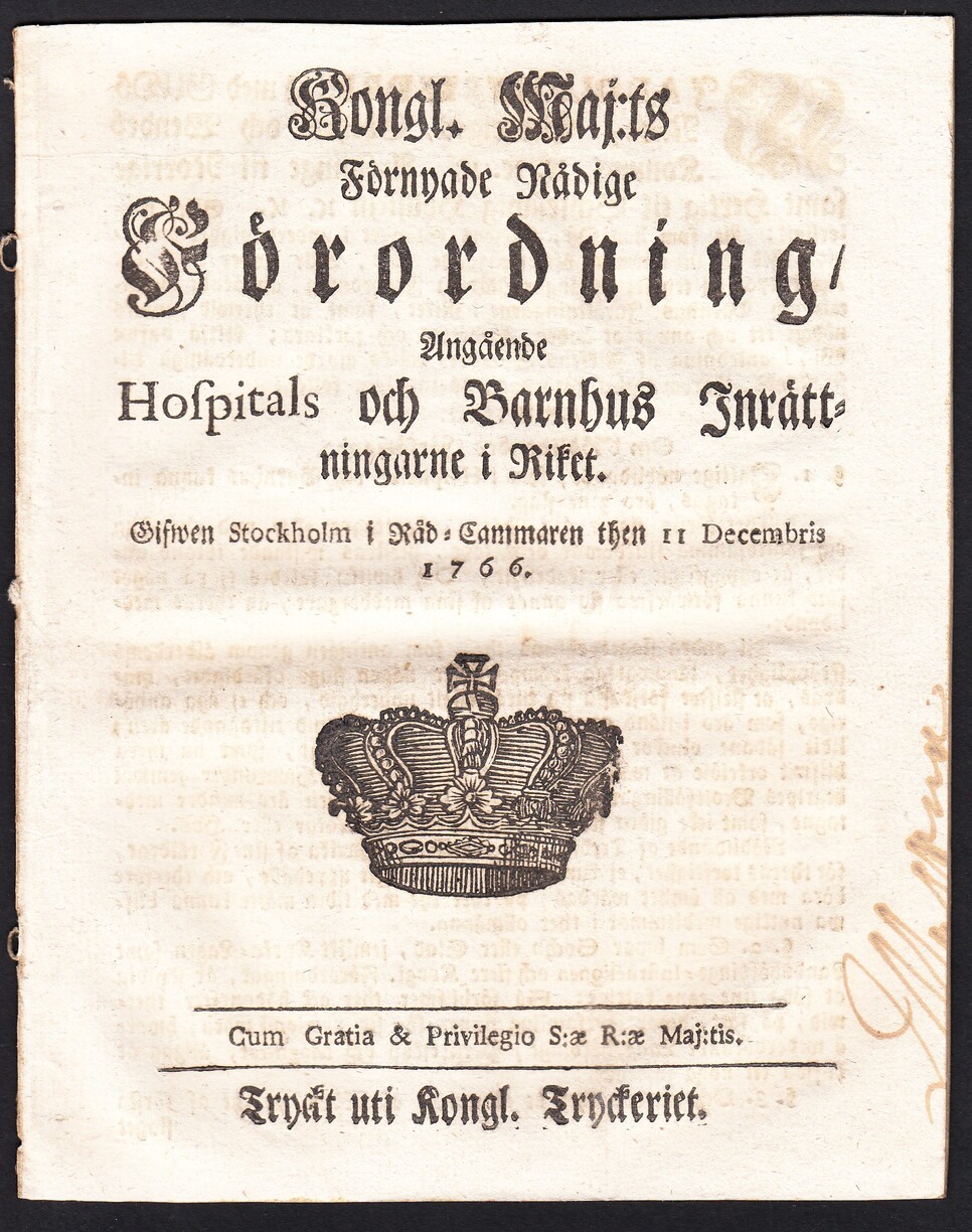 Kongl. Maj:ts Förnyade Nådige Förordning, Angående Hospitals och Barnhus Inrättningarne i Riket. Gifwen Stockholm i Råd-Cammaren then 11 Decembris 1766.