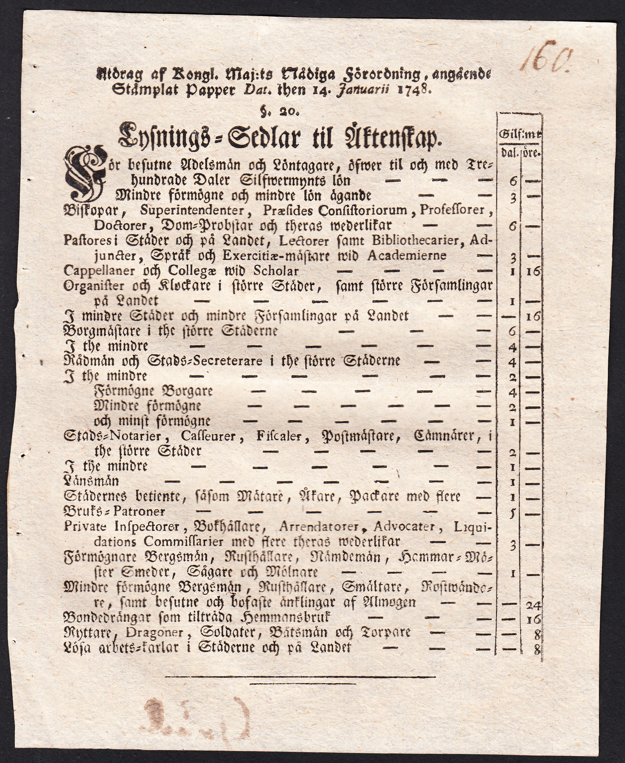 Utdrag af Kongl. Maj:ts Nådiga Förordning, Angående Stämplat Papper Dat. then 14. januarii 1748. §20. Lysnings-Sedlar til Äktenskap [= rubrik].