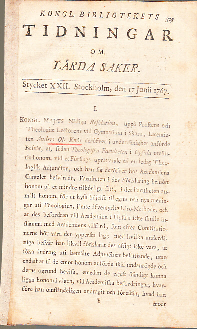 Kongl. Bibliotekets tidningar om lärda saker. Stycket XXII. Stockholm, den 17 junii 1767.