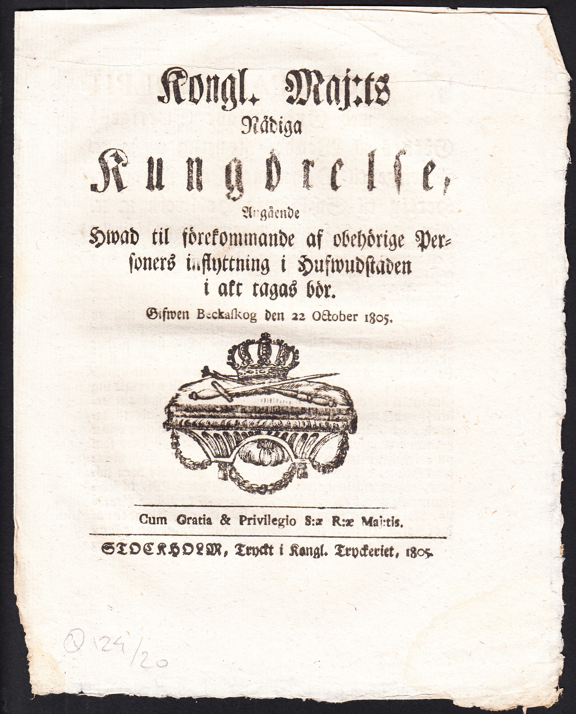 Kongl. maj:ts nådiga Kungörelse, Angående Hwad til förekommande af obehörige Personers inflyttning i Hufwudstaden i akt tagas bör. Gifwen Beckaskog den 22 october 1805.