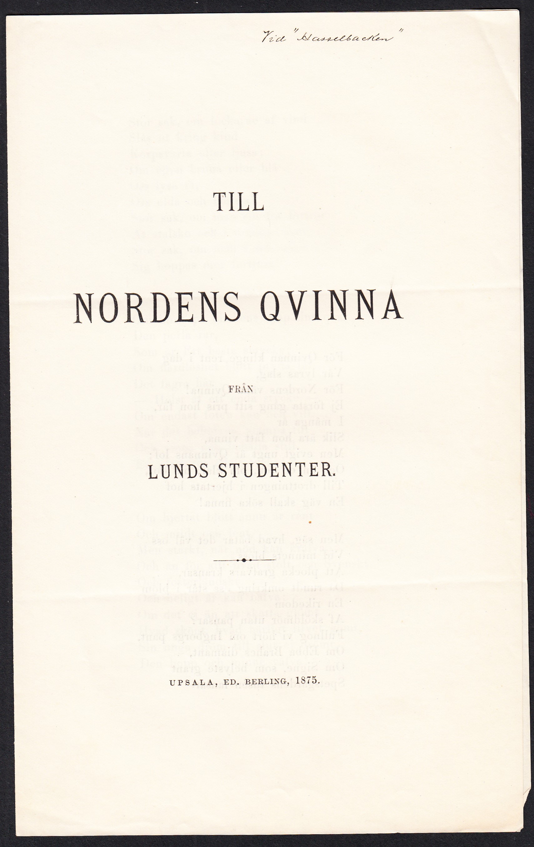 Till nordens qvinna från Lunds studenter.