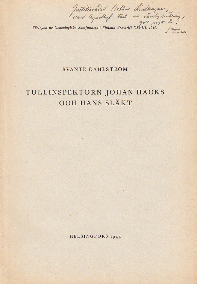 Tullinspektorn Johan Hacks och hans släkt [= omslagstitel].