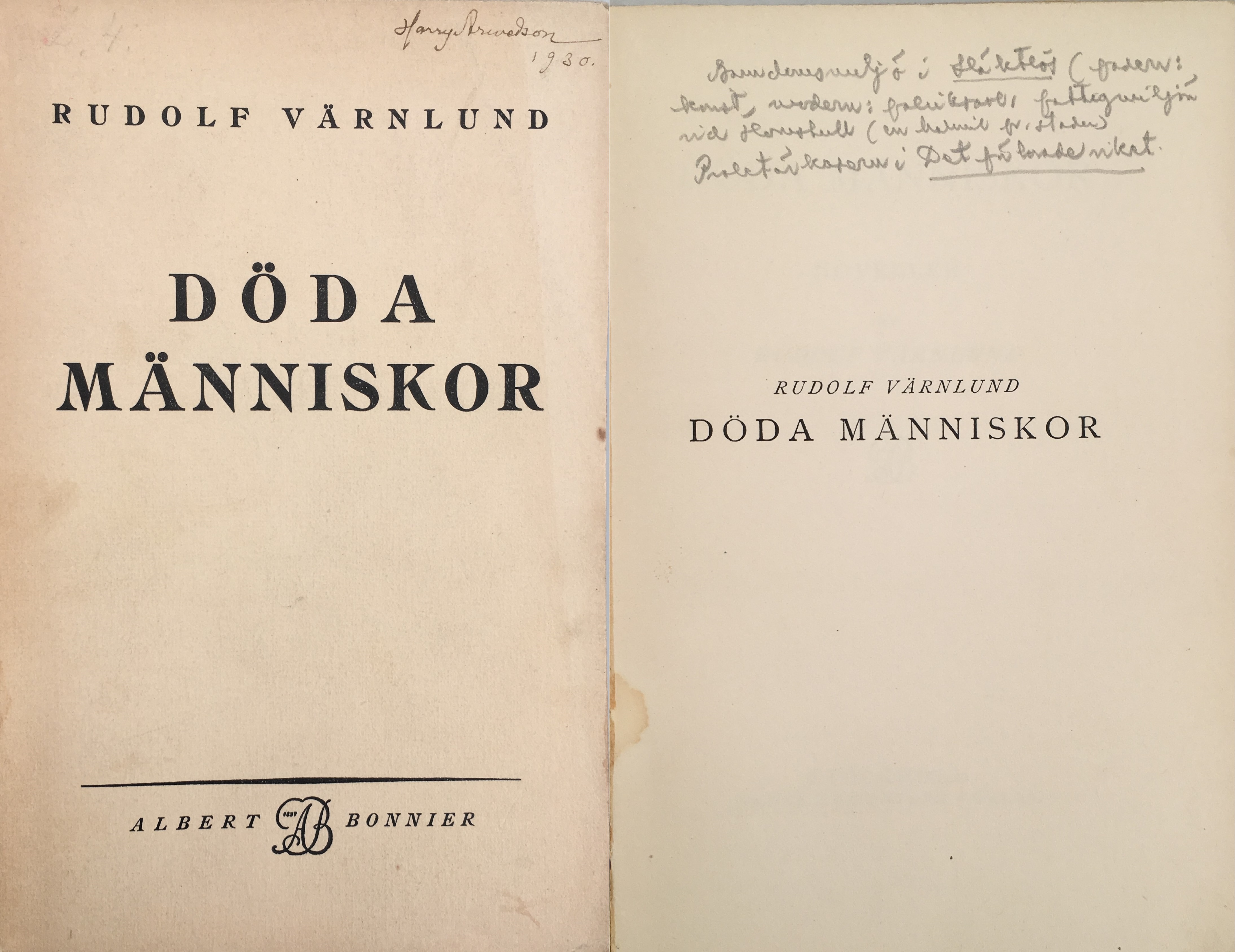 Döda människor. Noveller. [Utg. av] Albert Bonniers förlag.