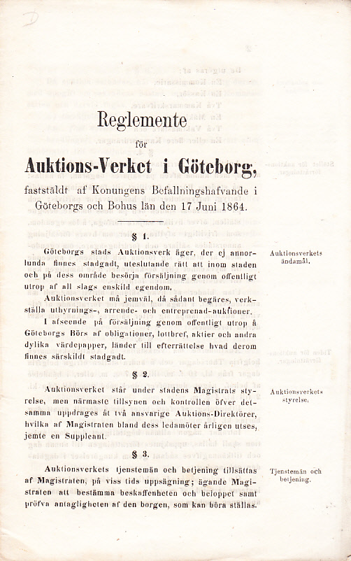 Reglemente för styrelsen för Auktions-verket i Göteborg, faststäldt af konungens befallningshafvande i Göteborgs och Bohus län den 17 juni 1864.