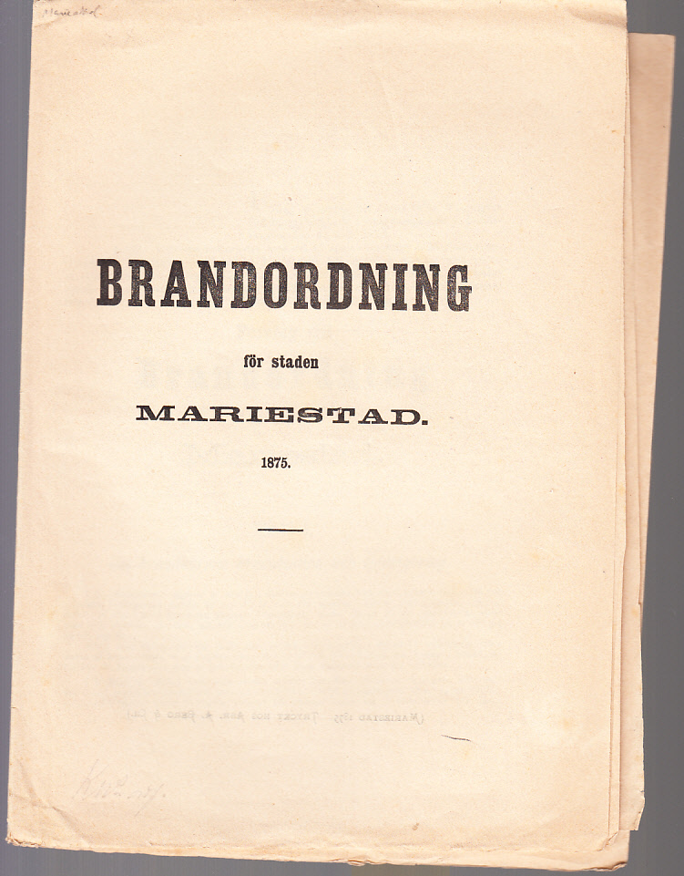 Brandordning för staden Mariestad. 1875.