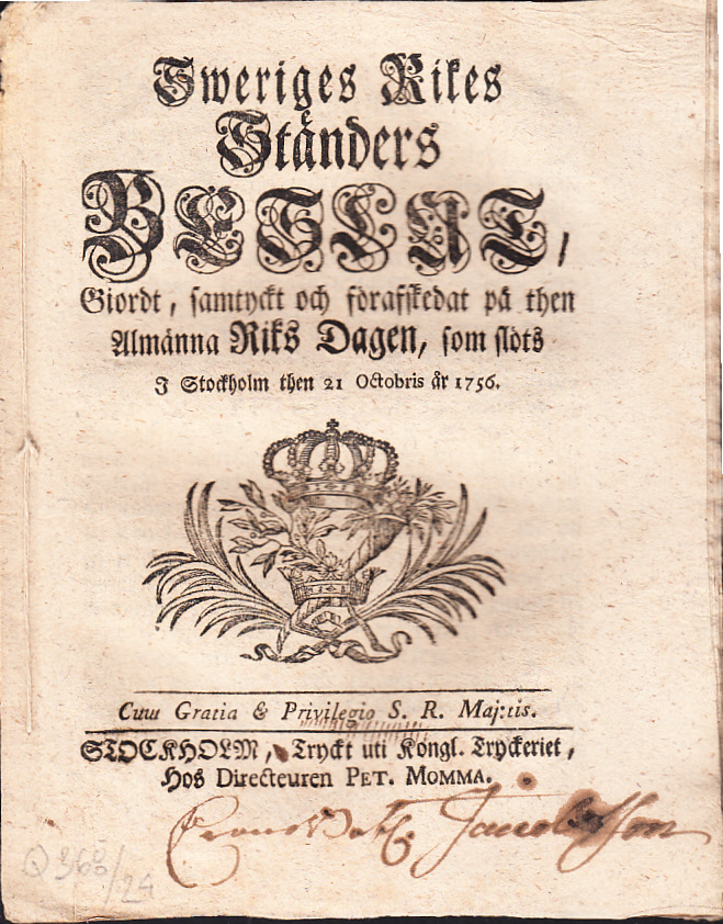 Sweriges rikes ständers beslut, giordt, samtyckt och förafskedat på then almänna riks dagen, som slöts i Stockholm then 21 octobris år 1756.