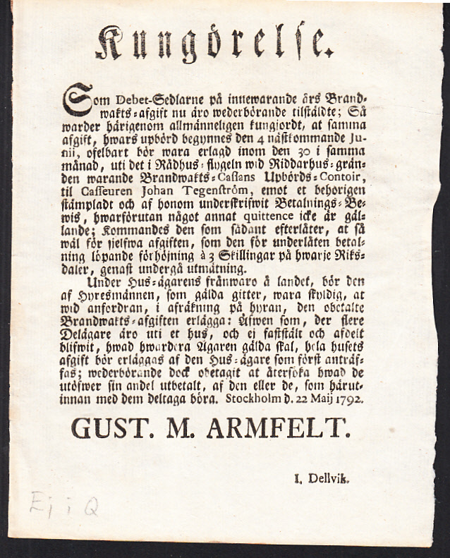 Öfwer-Ståthållare-Embetets Förnyade Kungörelse, angående förbud emot olofligt jagande och skjutande på fredsmilen å landet norr omkring Stockholms stad. Gifwen Stockholm den 22 maji 1792.