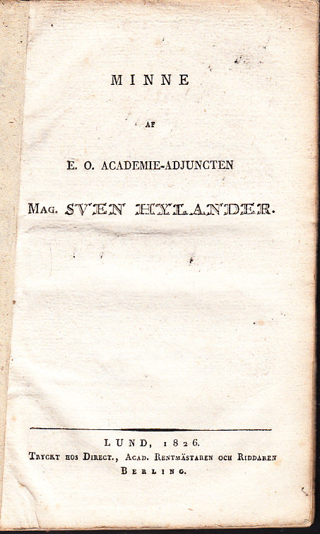 Minne af e.o. academie-adjuncten mag. Sven Hylander.
