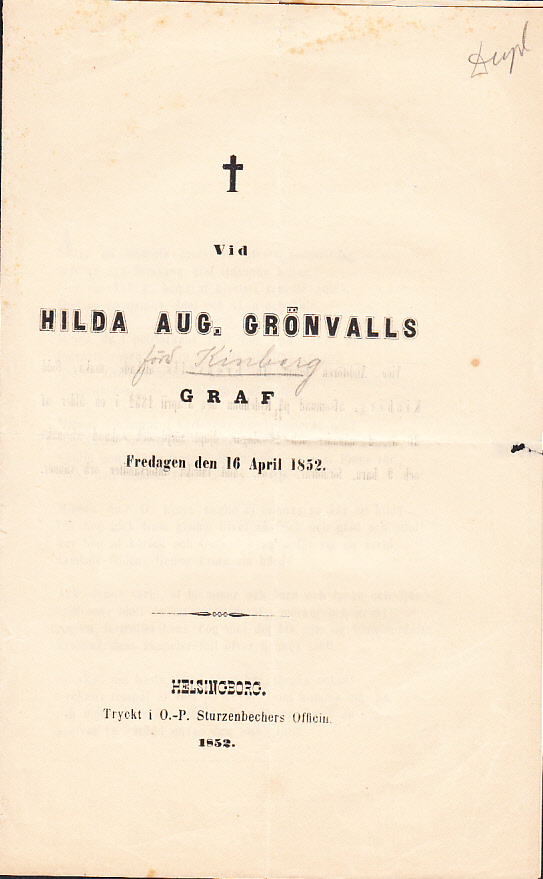 Vid Hilda Aug. Grönvalls graf fredagen den 16 april 1852.